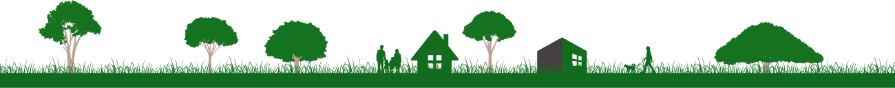 木や家族や家のある緑豊かな街のイラスト